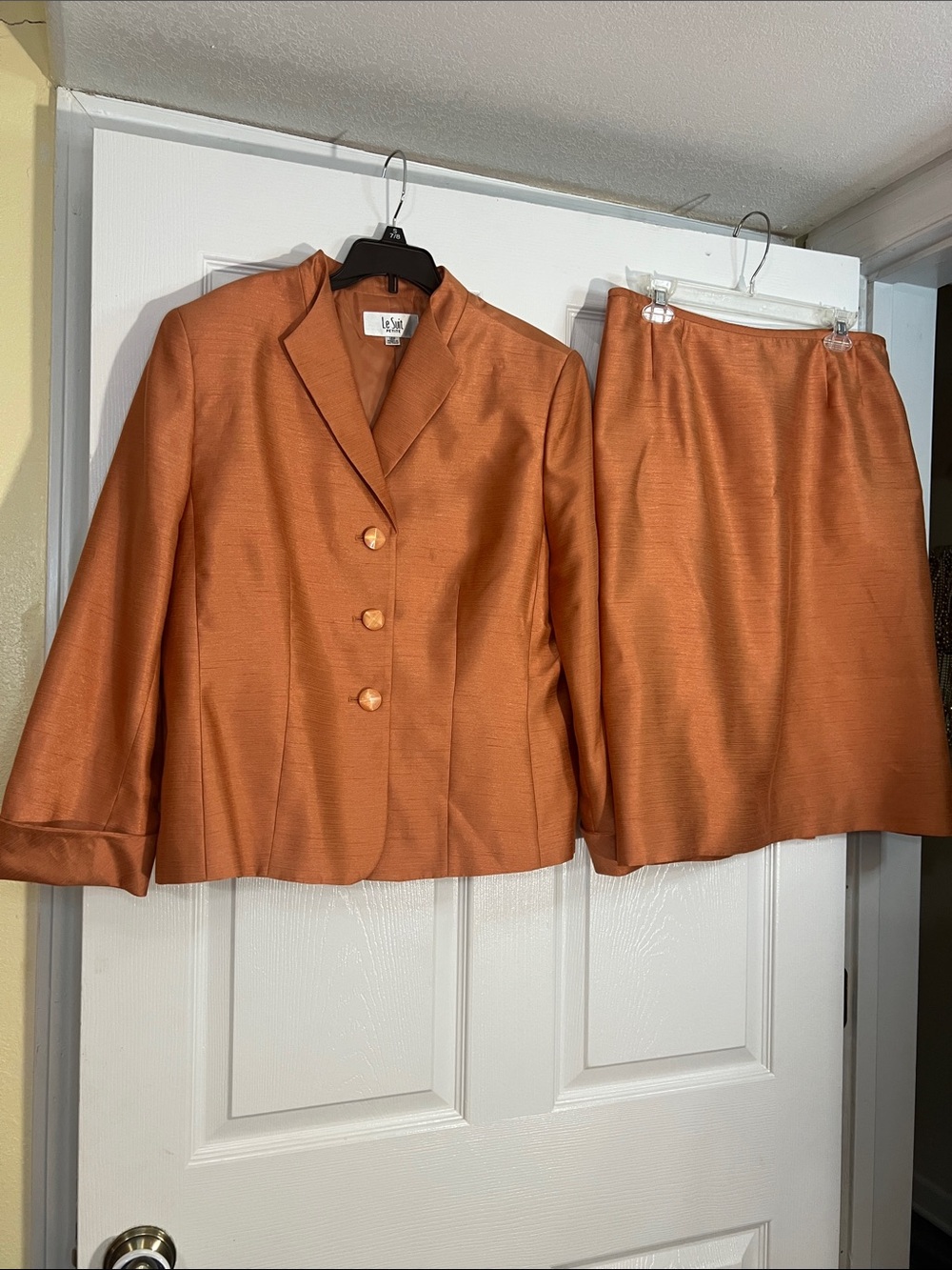 Le Suit Copper-Orange Satin Blazer and Skirt Set